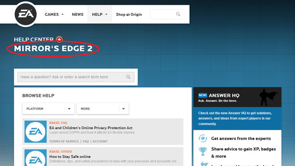 《镜之边缘2》帮助页面身现EA官网